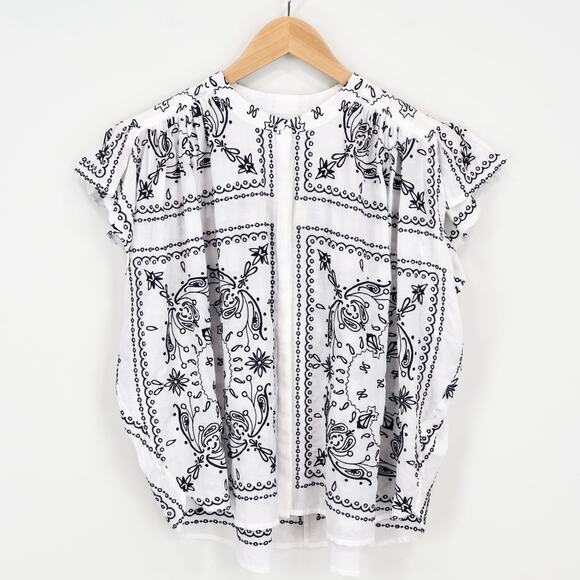 NWT Madewell Embroidered Poplin Shirred Button-Up Shirt White Dark Navy Medium - Picture 3 of 10